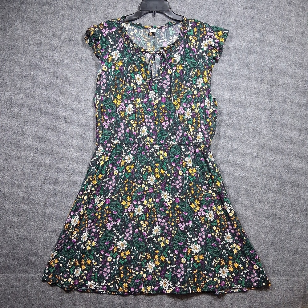 Old Navy Women Black Floral 100% Rayon Tie Neck Short Sleeve Knee Length Dress